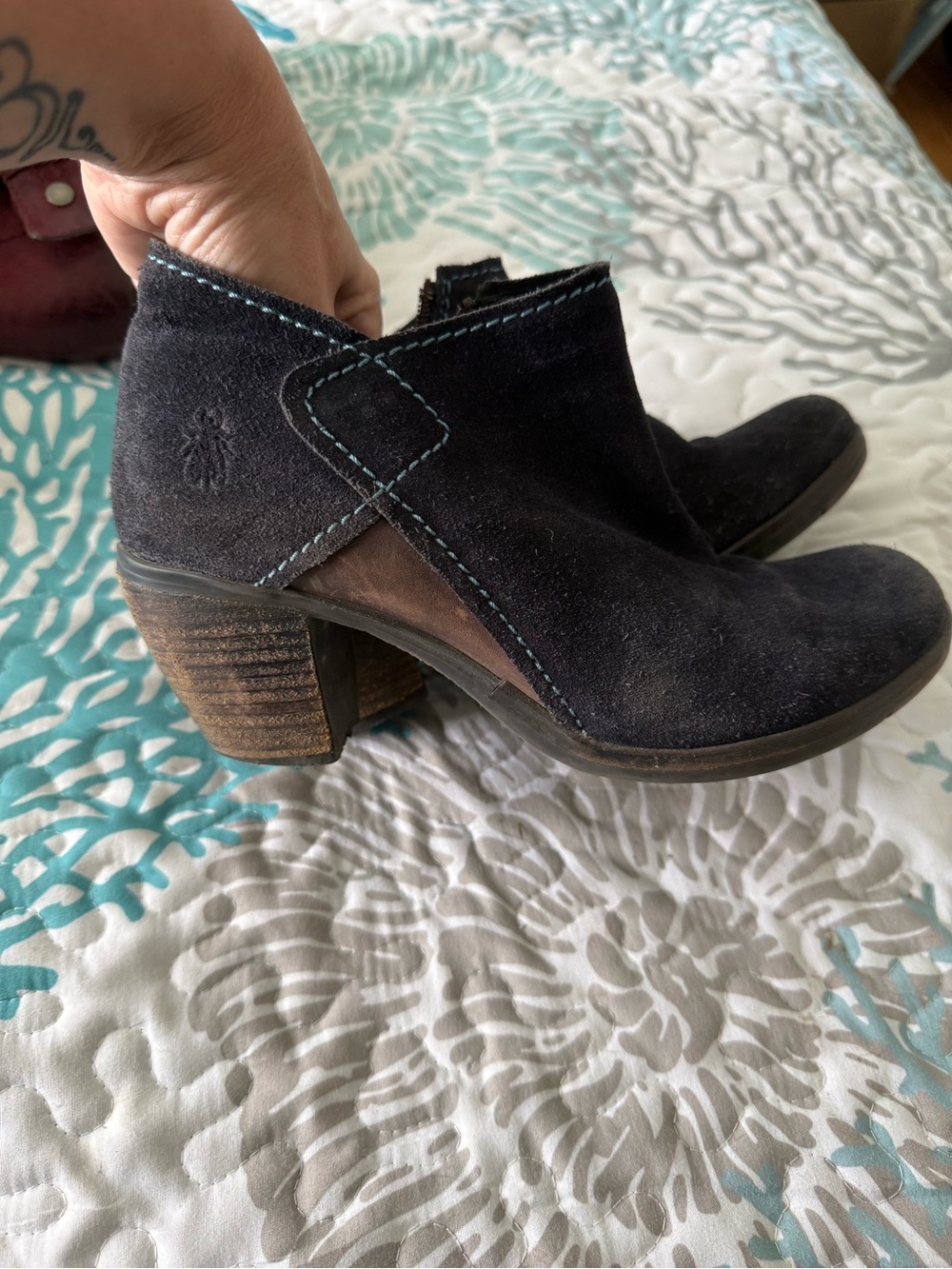 Fly London navy blue and brown Suede Ankle Booties with Stacked Heel